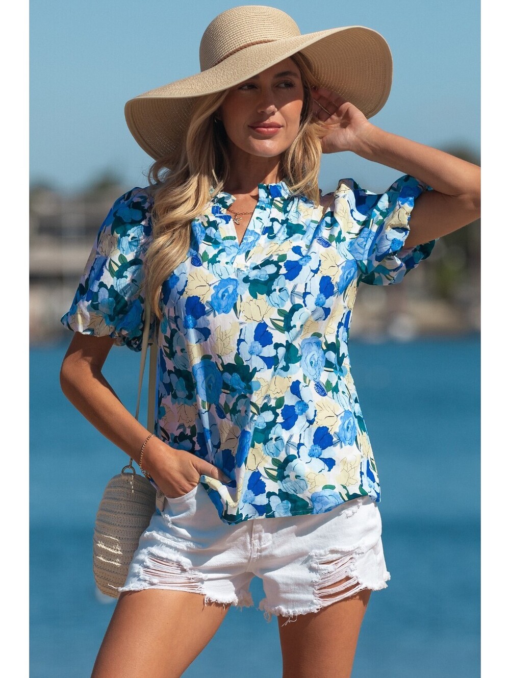 Women's Blue Floral Puff Sleeve Blouse